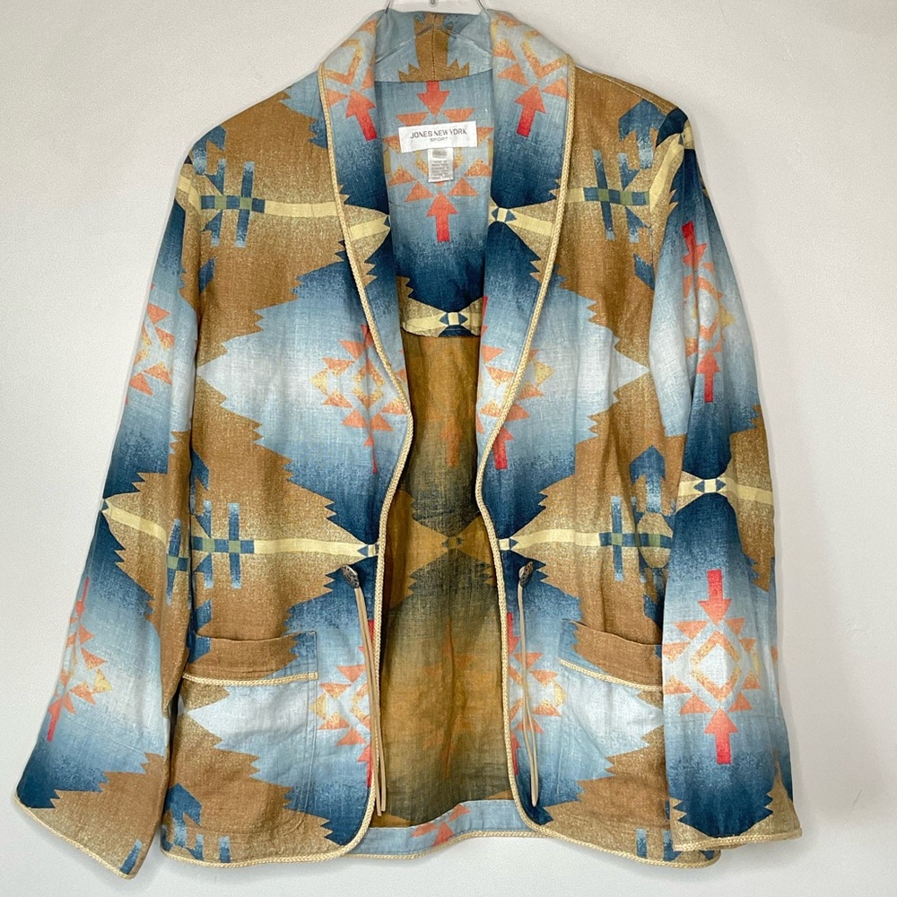 Vintage Oversized 100% Linen Aztec Western Lightweight Blazer Jacket Size S